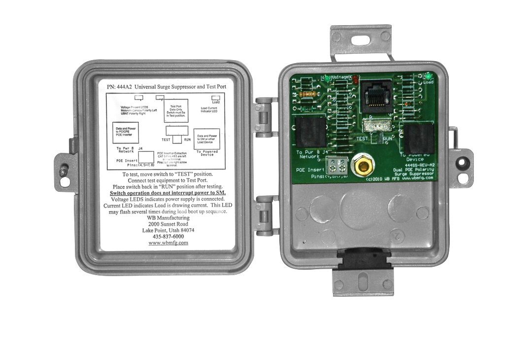 Outdoor 100 Mbps surge protector with test port and LEDS.